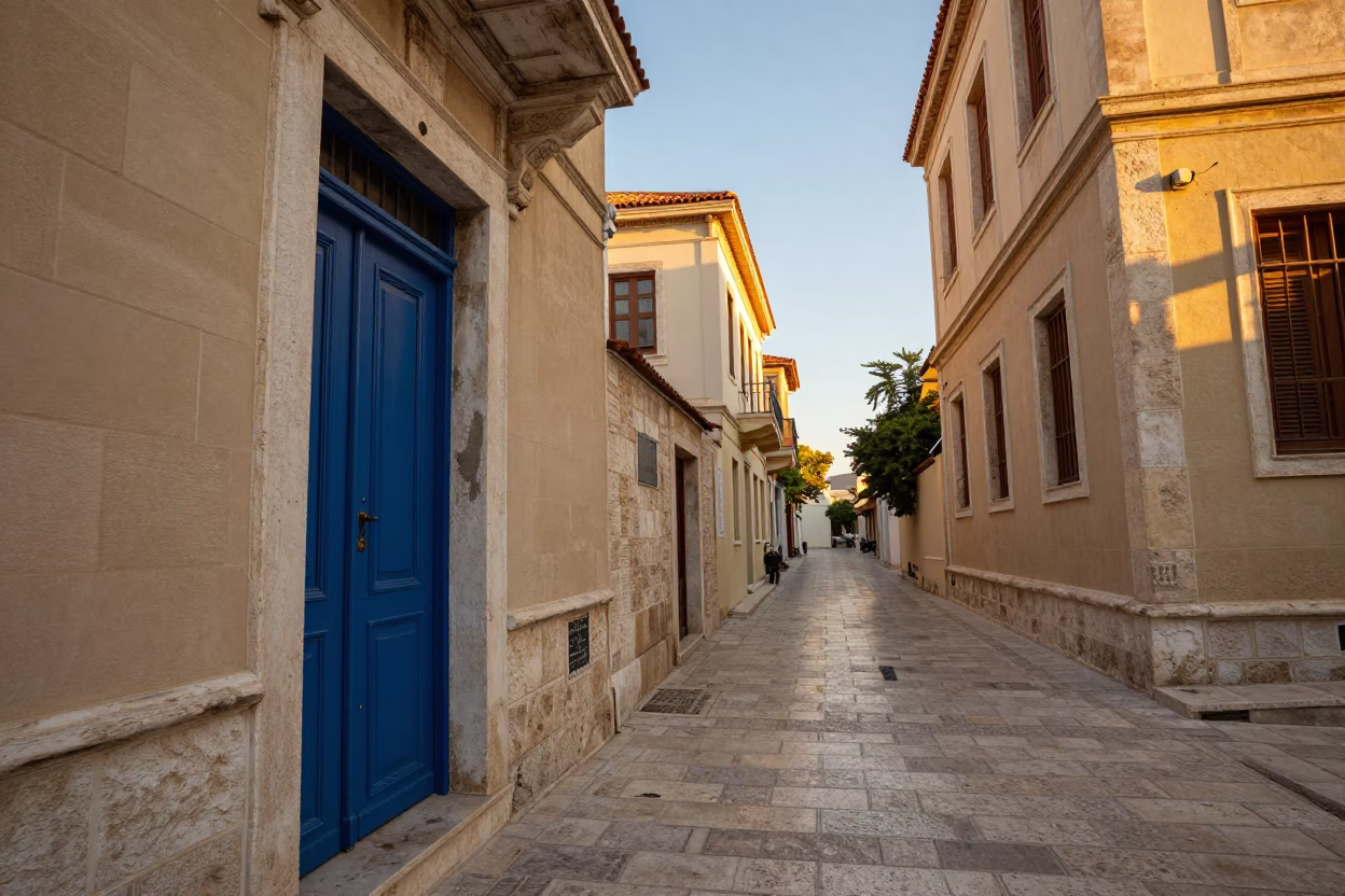 Athens Greece Golden Hour Street Scene with Blue Doorframe and Stone Architecture in in Athens, Greece