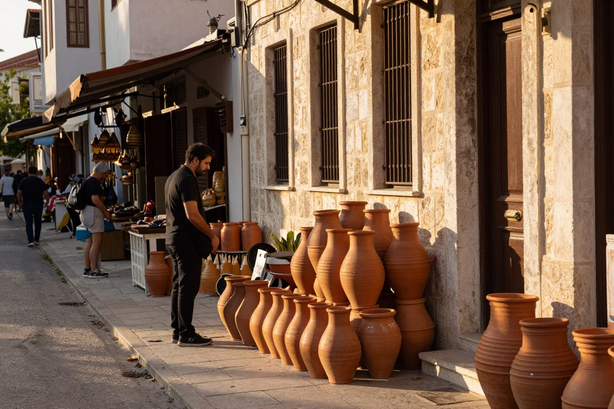 Athens Greece Golden Hour Street Scene with Clay Pots and Local Market Activity in in Athens, Greece