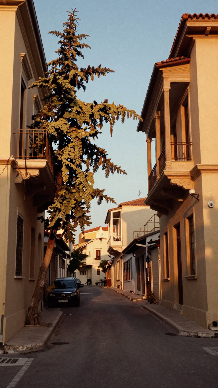 Athens Greece Golden Hour Street Scene with Lichen and Local Life in in Athens, Greece
