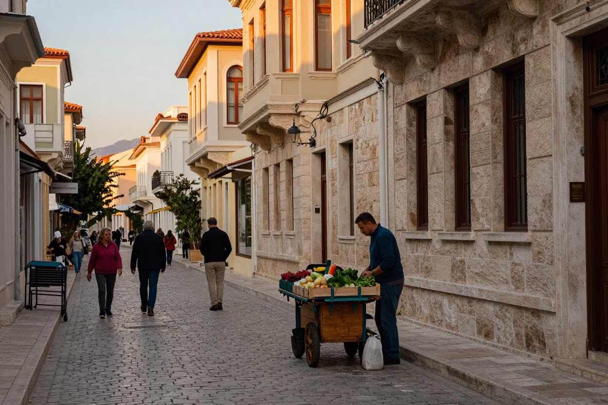 Athens Greece Golden Hour Street Scene with Local Vendor and Pedestrians in in Athens, Greece
