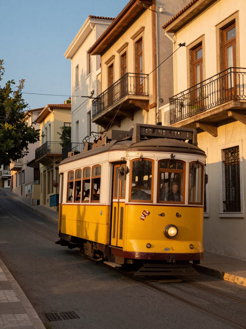 Athens Greece Golden Hour Tram Steep Hill Street Scene in in Athens, Greece
