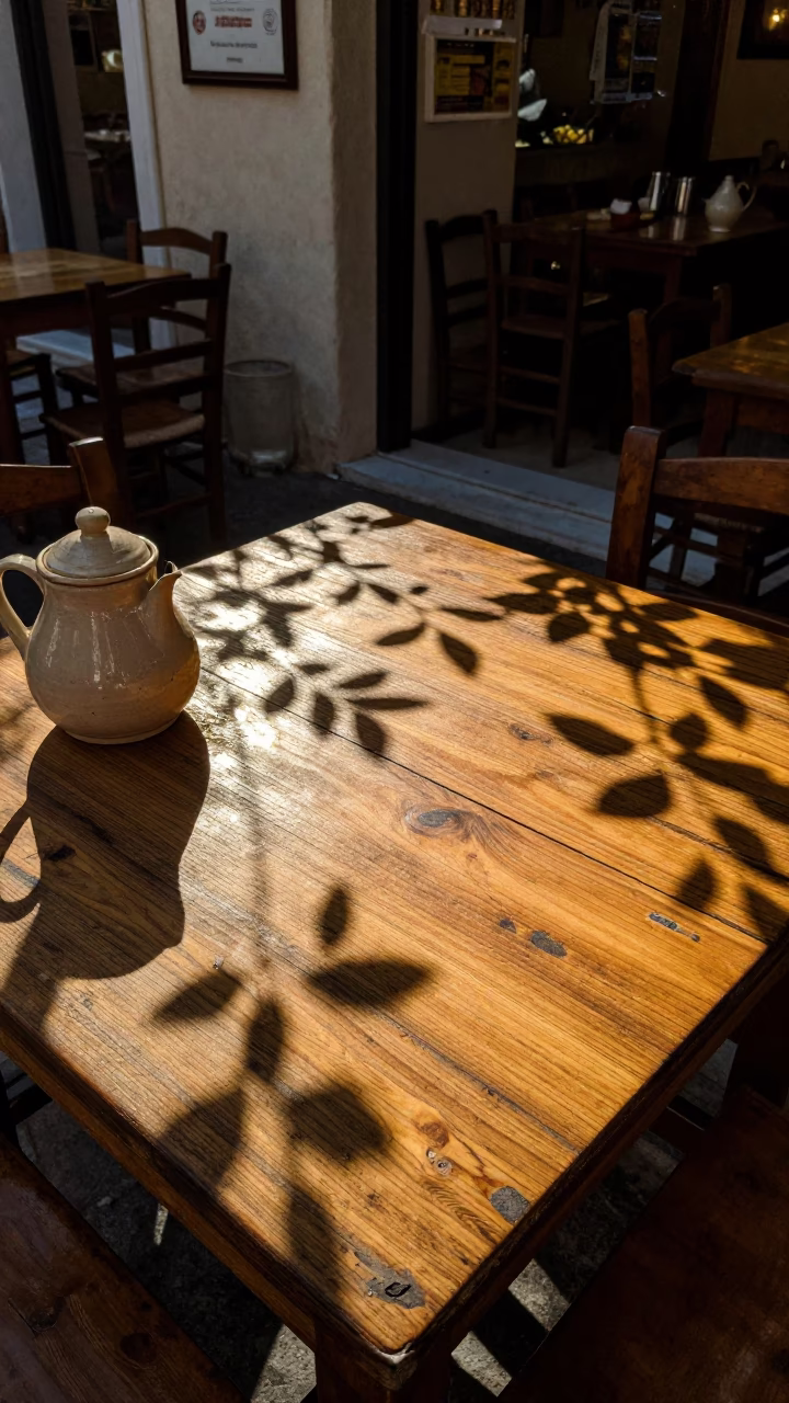 Athens Greece honeyed evening light leaf shadows on tabletop candid street moment in in Athens, Greece