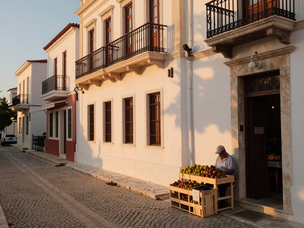 Athens Greece Honeyed Evening Light Street Scene with Local Life and Architecture in in Athens, Greece