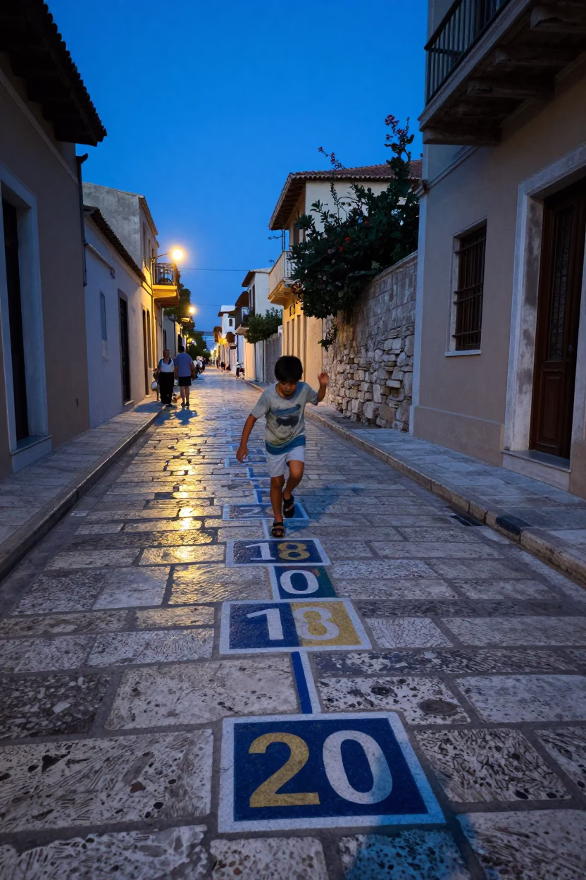 Athens Greece indigo twilight hopscotch game on ancient stone sidewalk in in Athens, Greece