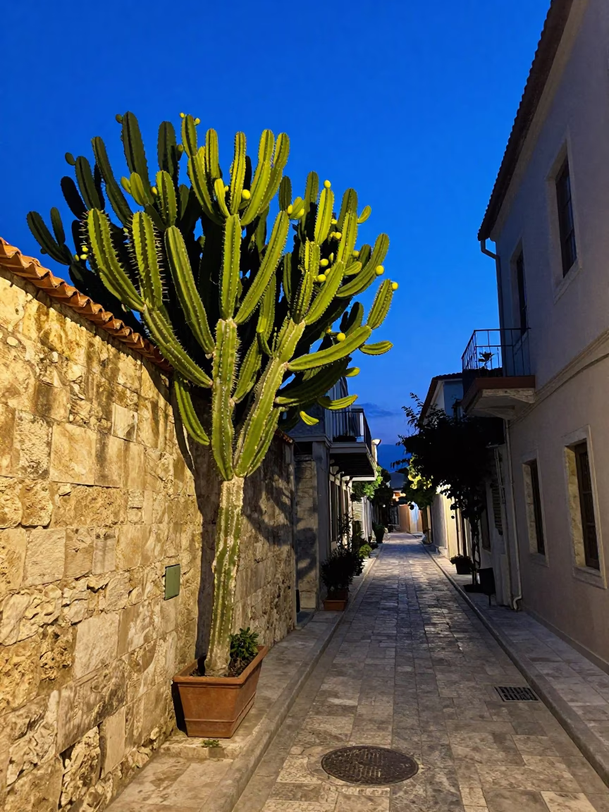 Athens Greece Indigo Twilight Street Scene with Cactus Limes and Stone Walls in in Athens, Greece