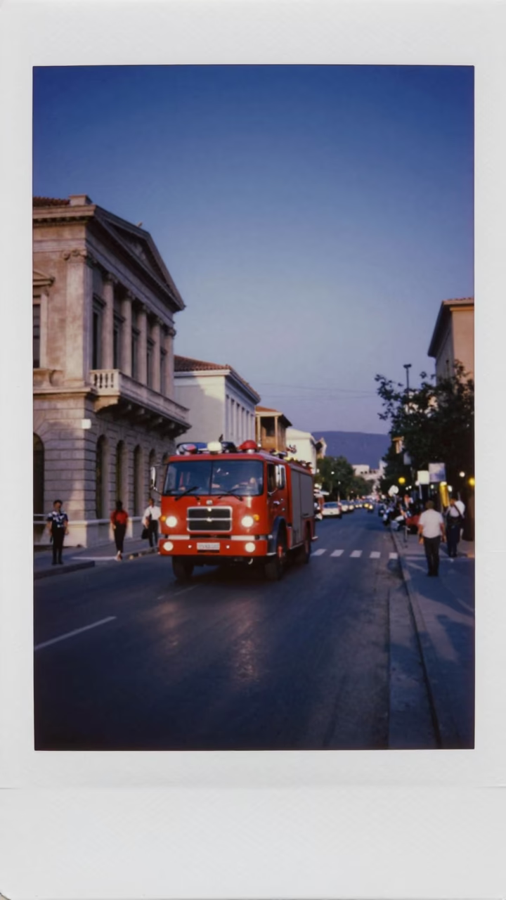Athens Greece indigo twilight street scene with fire engine racing past neoclassical architecture in in Athens, Greece
