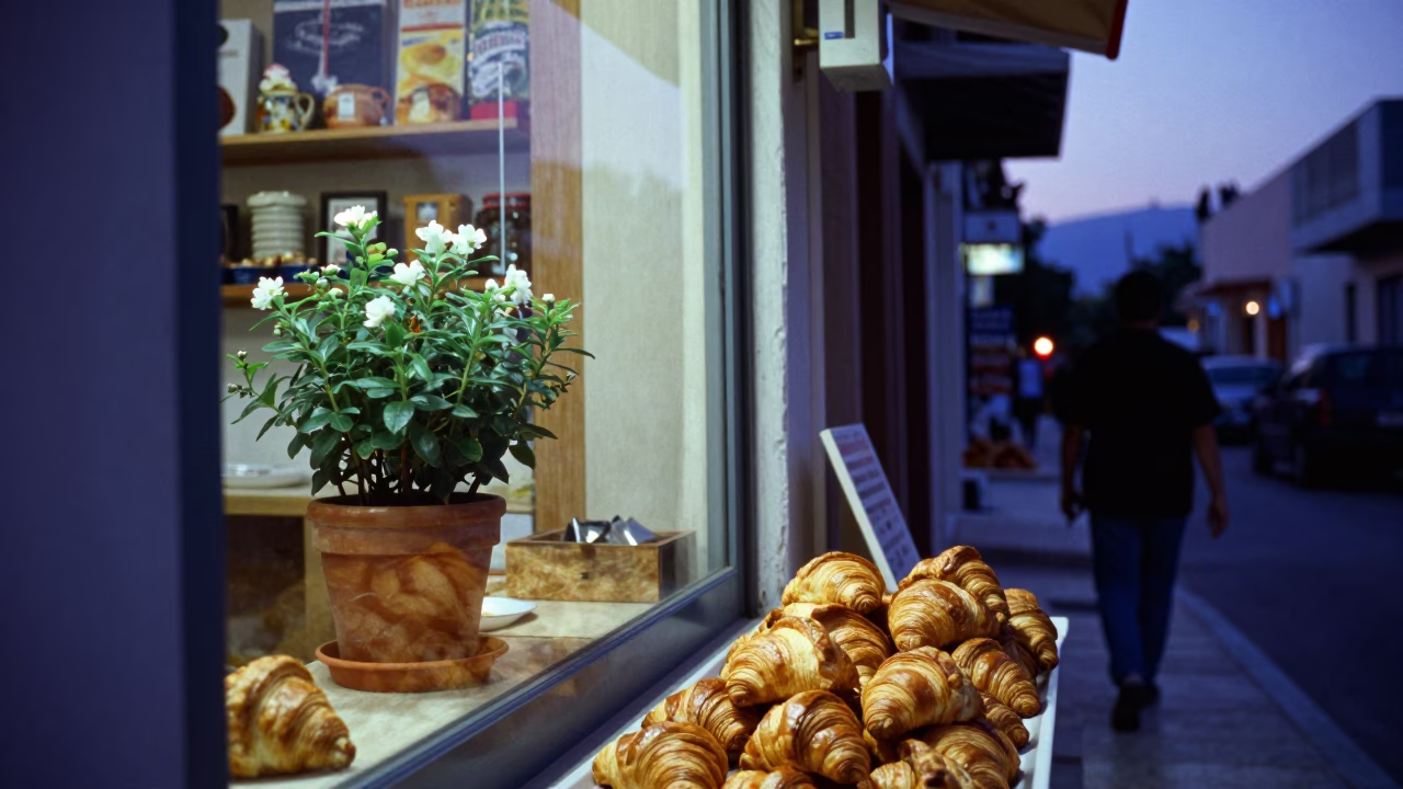 Athens Greece indigo twilight street scene with fresh croissants and flowering plants in in Athens, Greece
