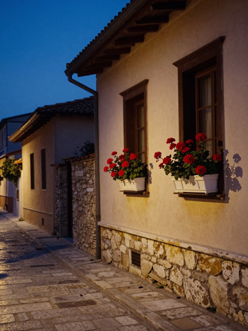 Athens Greece indigo twilight street scene with geraniums and stone architecture in in Athens, Greece