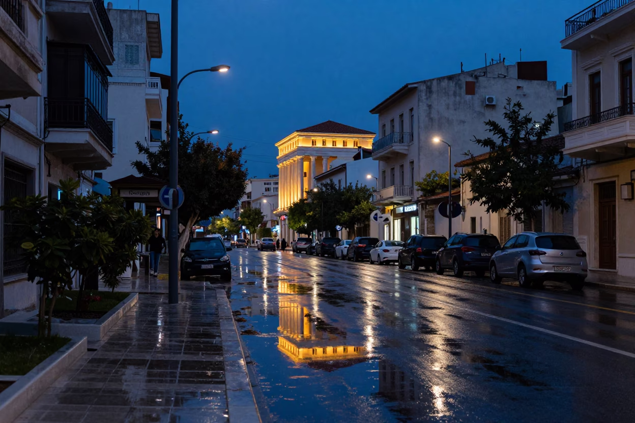 Athens Greece Indigo Twilight Street Scene with Puddle Reflections and Hotel Windows in in Athens, Greece