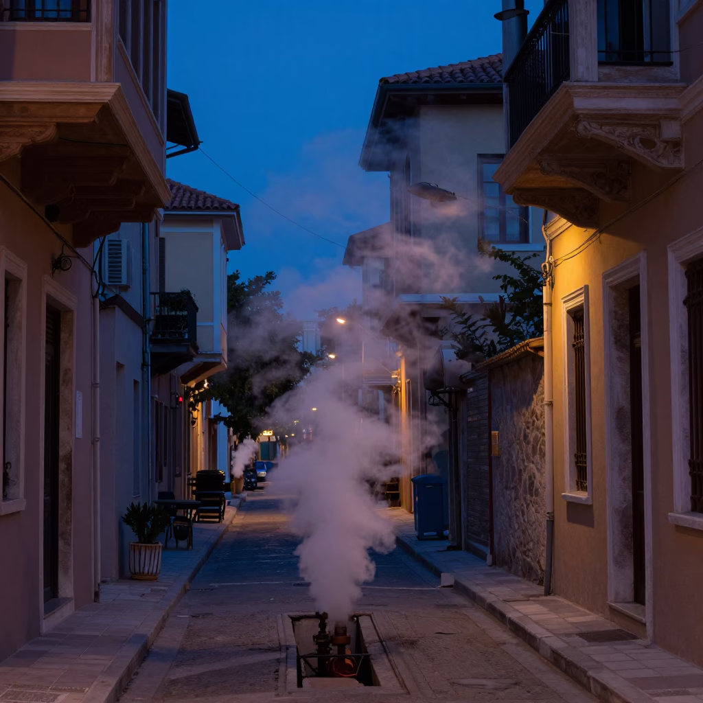 Athens Greece Indigo Twilight Street Scene with Steaming District Heating Pipe Trench in in Athens, Greece