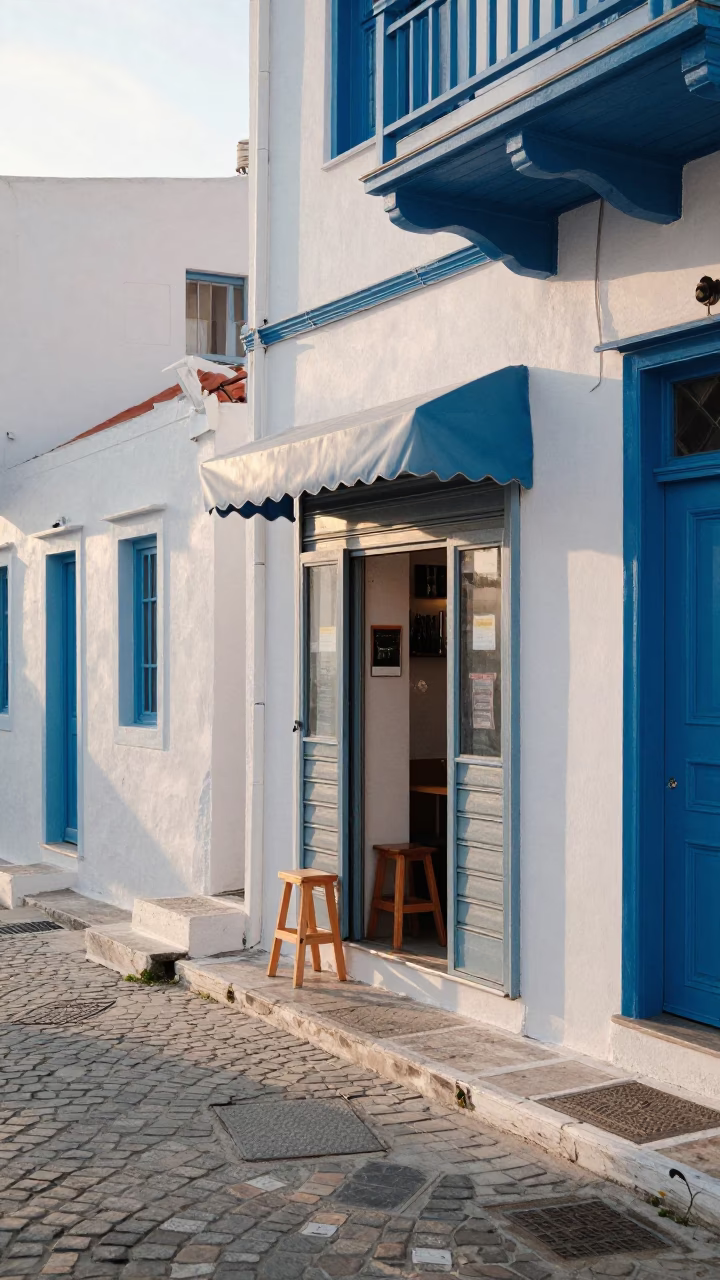 Athens Greece Just After Sunrise Street Scene With Local Cafe Details in in Athens, Greece