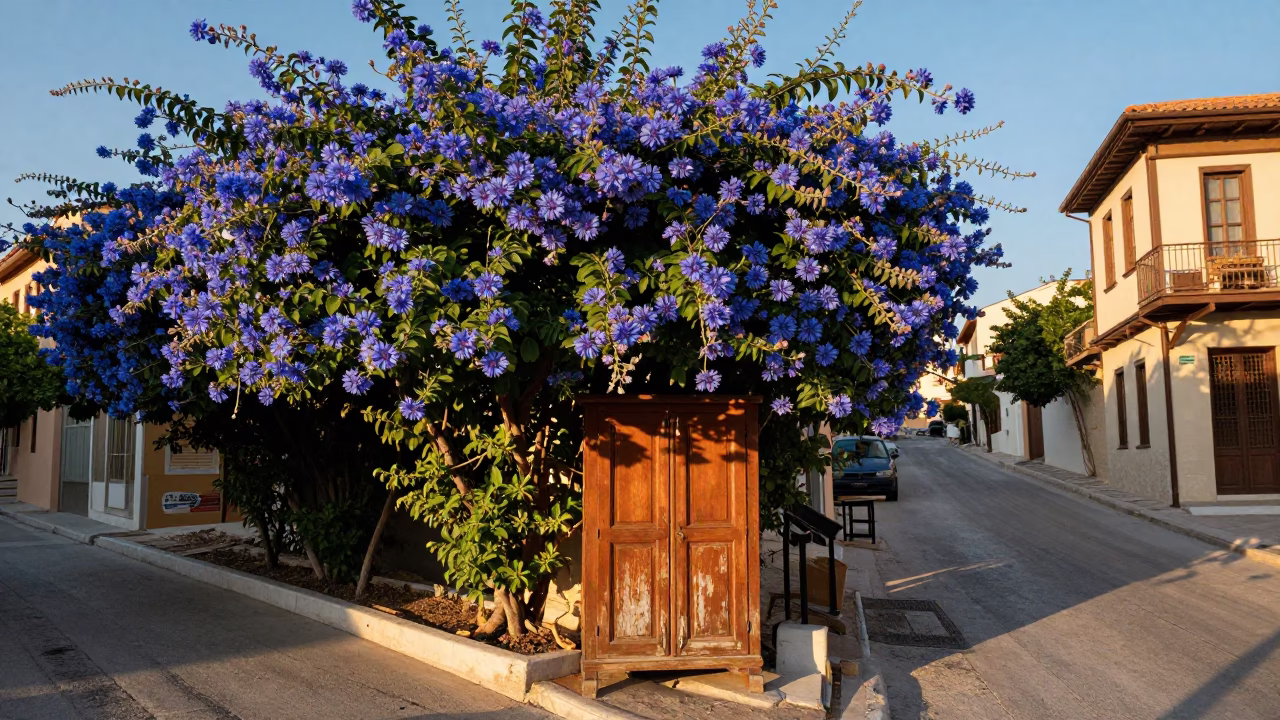 Athens Greece Late Afternoon Plumbago Hedge and Traditional Bakery Scene in in Athens, Greece