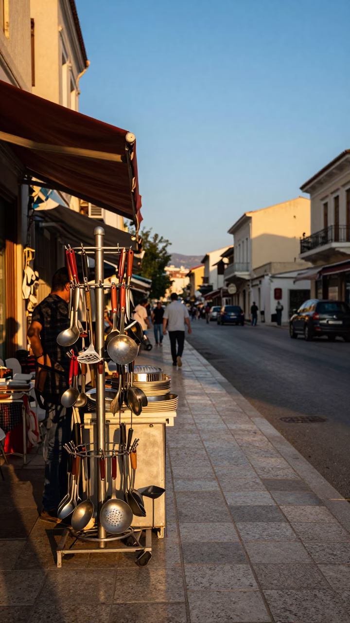 Athens Greece Late Afternoon Street Scene with Brushed Steel and Kitchen Utensils in in Athens, Greece