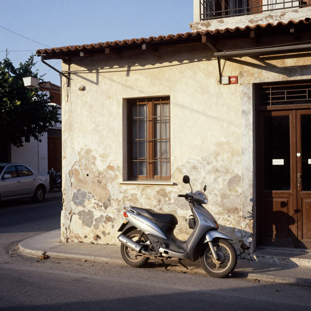 Athens Greece Late Afternoon Street Scene with Motorcycle and Local Architecture in in Athens, Greece