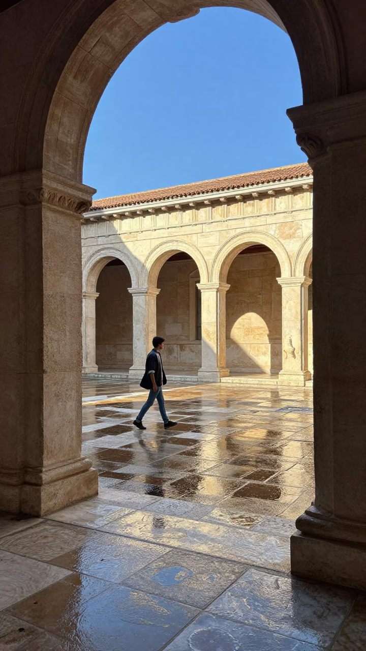 Athens Greece late afternoon university cloister wet flagstones and classical architecture in in Athens, Greece