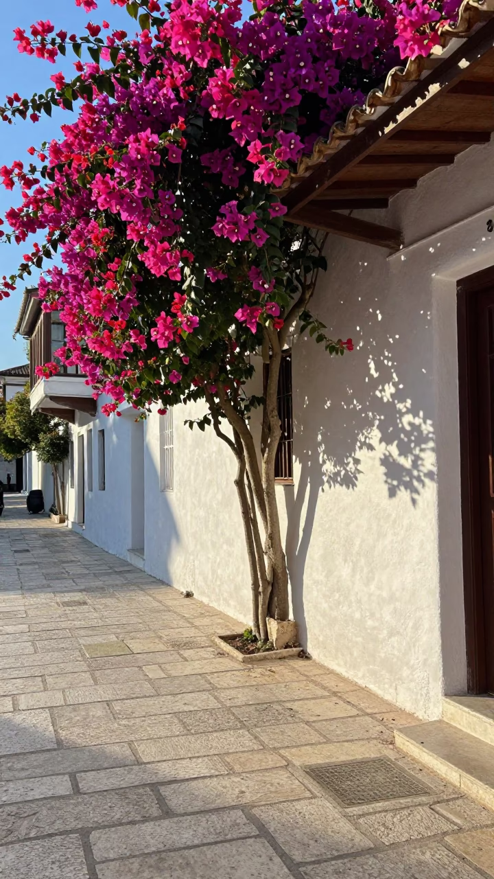 Athens Greece Late Morning Street Scene with Bougainvillea and Traditional Architecture in in Athens, Greece