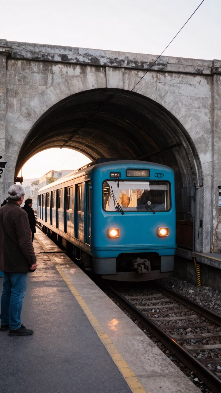Athens Greece Metro Train Emerging From Tunnel Into Bright Morning Sunlight in in Athens, Greece
