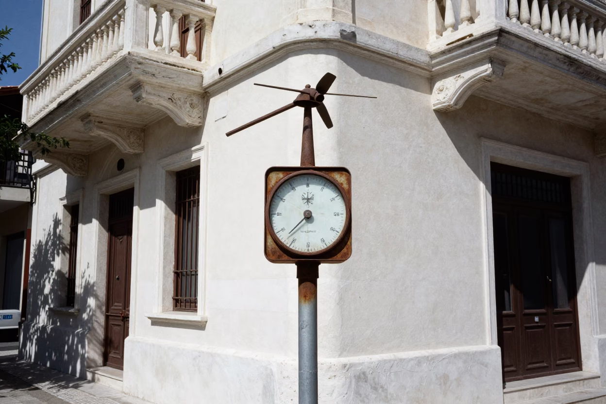 Athens Greece Midday Street Scene with Crumbling Weather Station Instruments in in Athens, Greece
