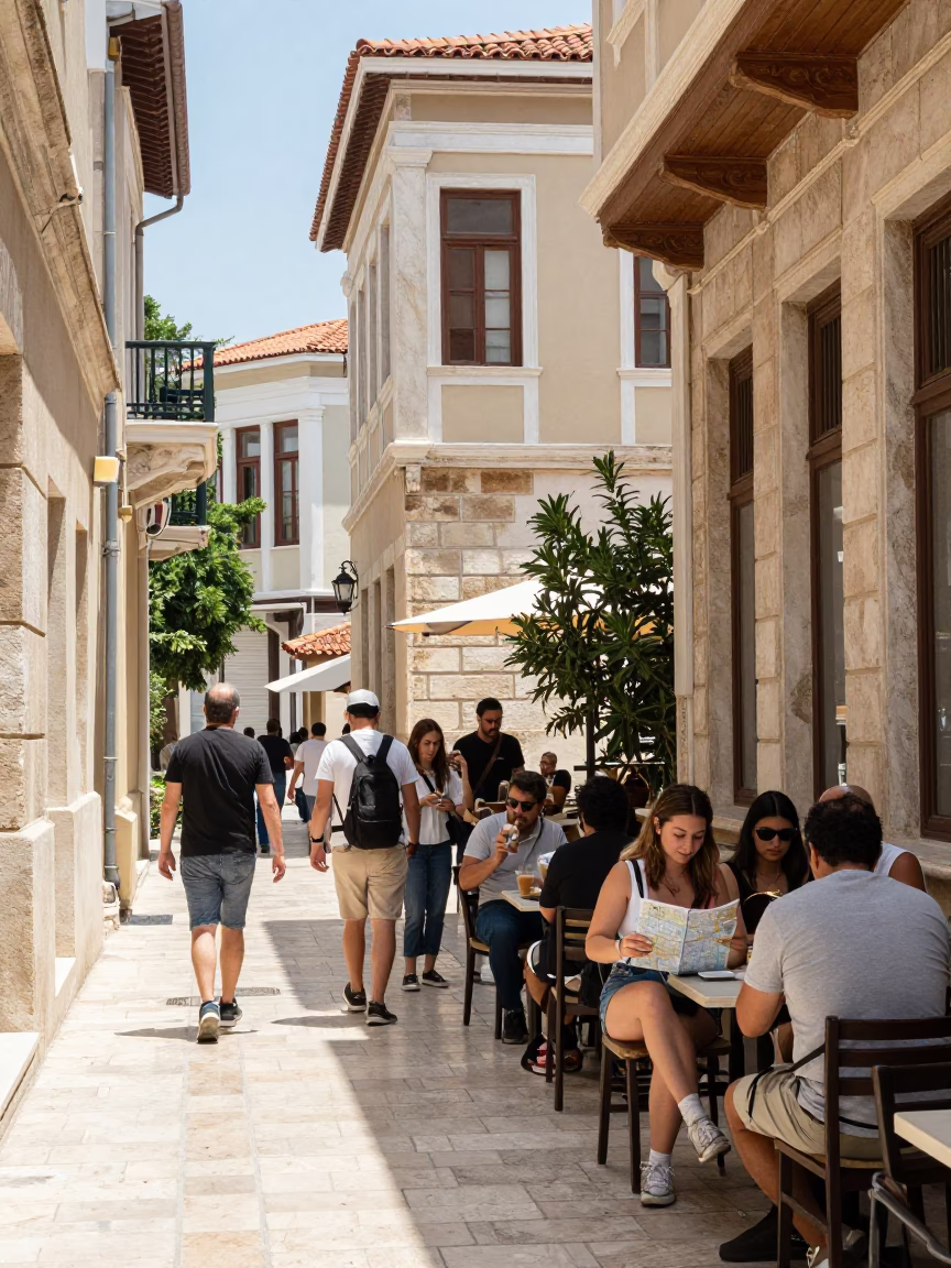 Athens Greece Midday Street Scene with Tourists and Classical Architecture in in Athens, Greece