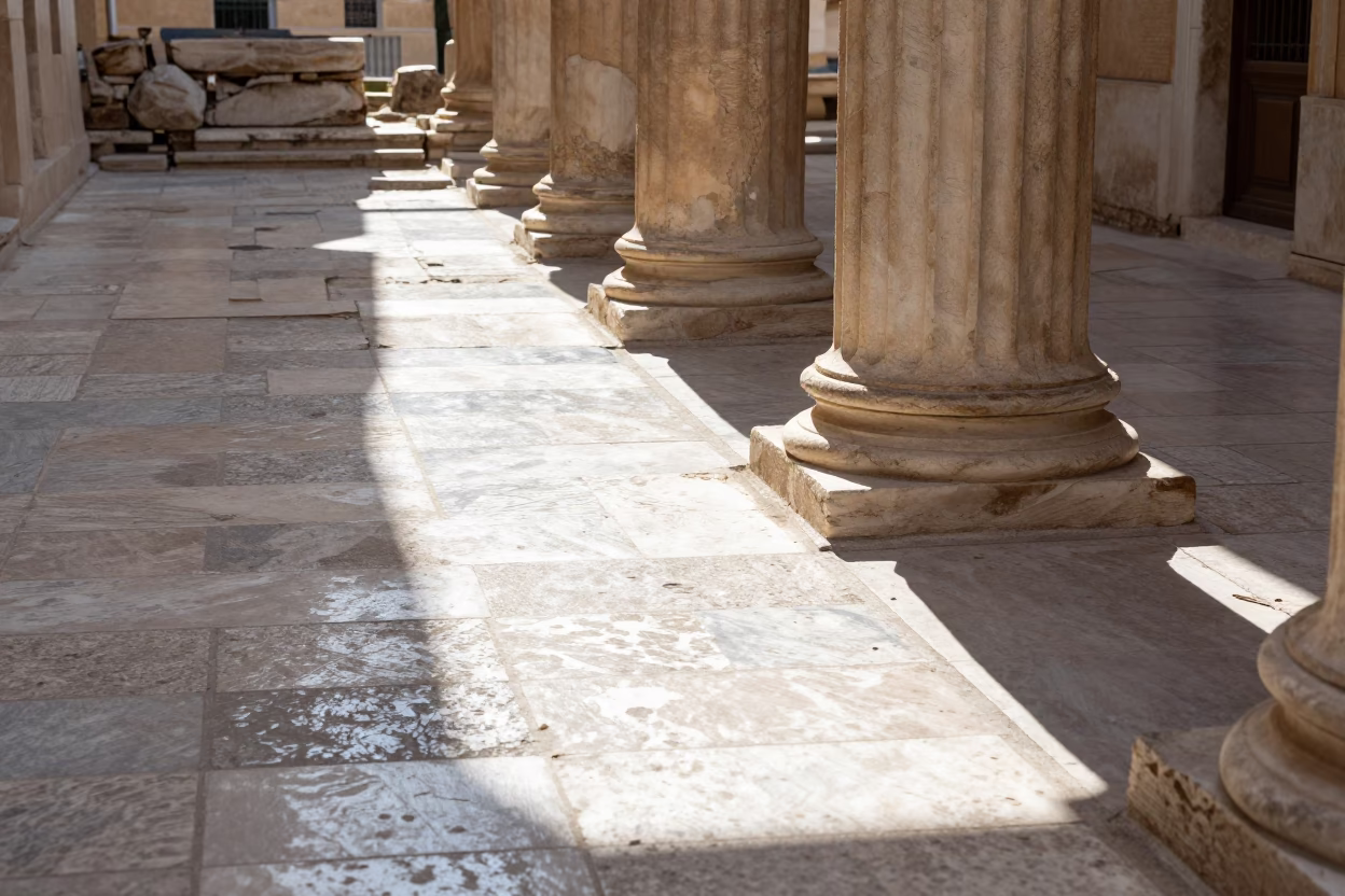 Athens Greece Midday Sunlight Striking Floor Tiles Near Ancient Ruins in in Athens, Greece