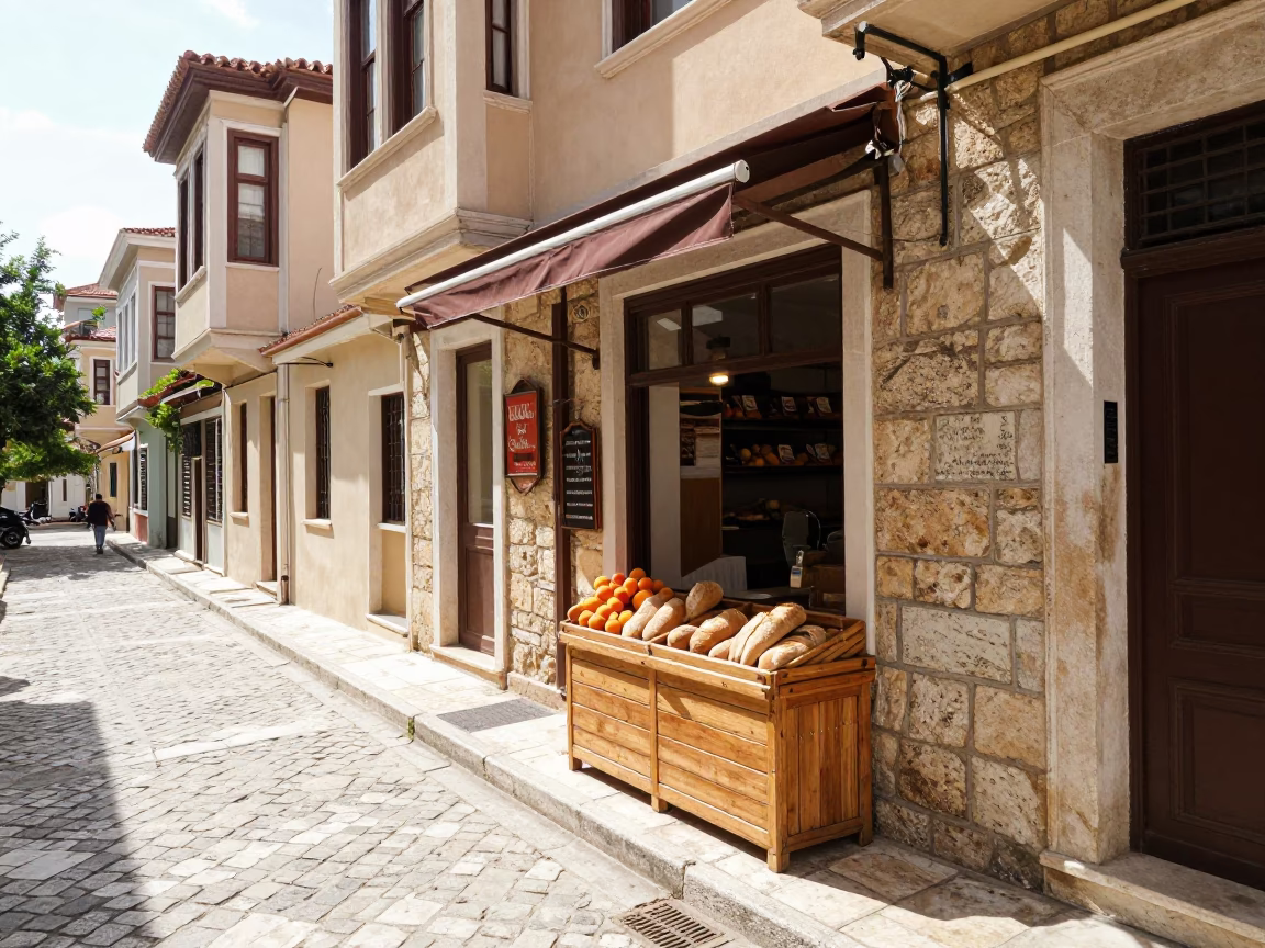 Athens Greece midmorning street scene with local bakery and apricots in in Athens, Greece