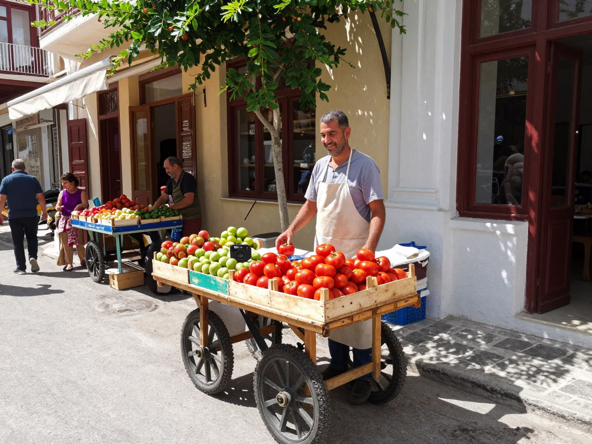 Athens Greece Midmorning Street Scene with Local Vendor and Traditional Elements in in Athens, Greece