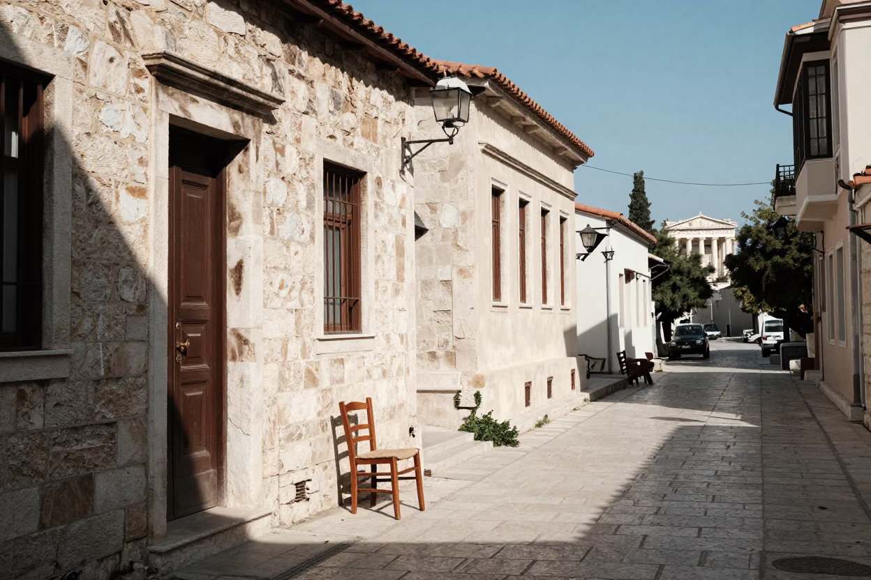 Athens Greece Midmorning Street Scene with Old Stone Building and Wooden Chair in in Athens, Greece