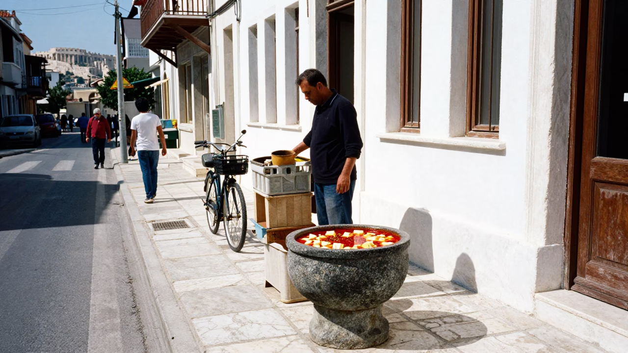Athens Greece midmorning street scene with stone pot and bicycle near ancient ruins in in Athens, Greece
