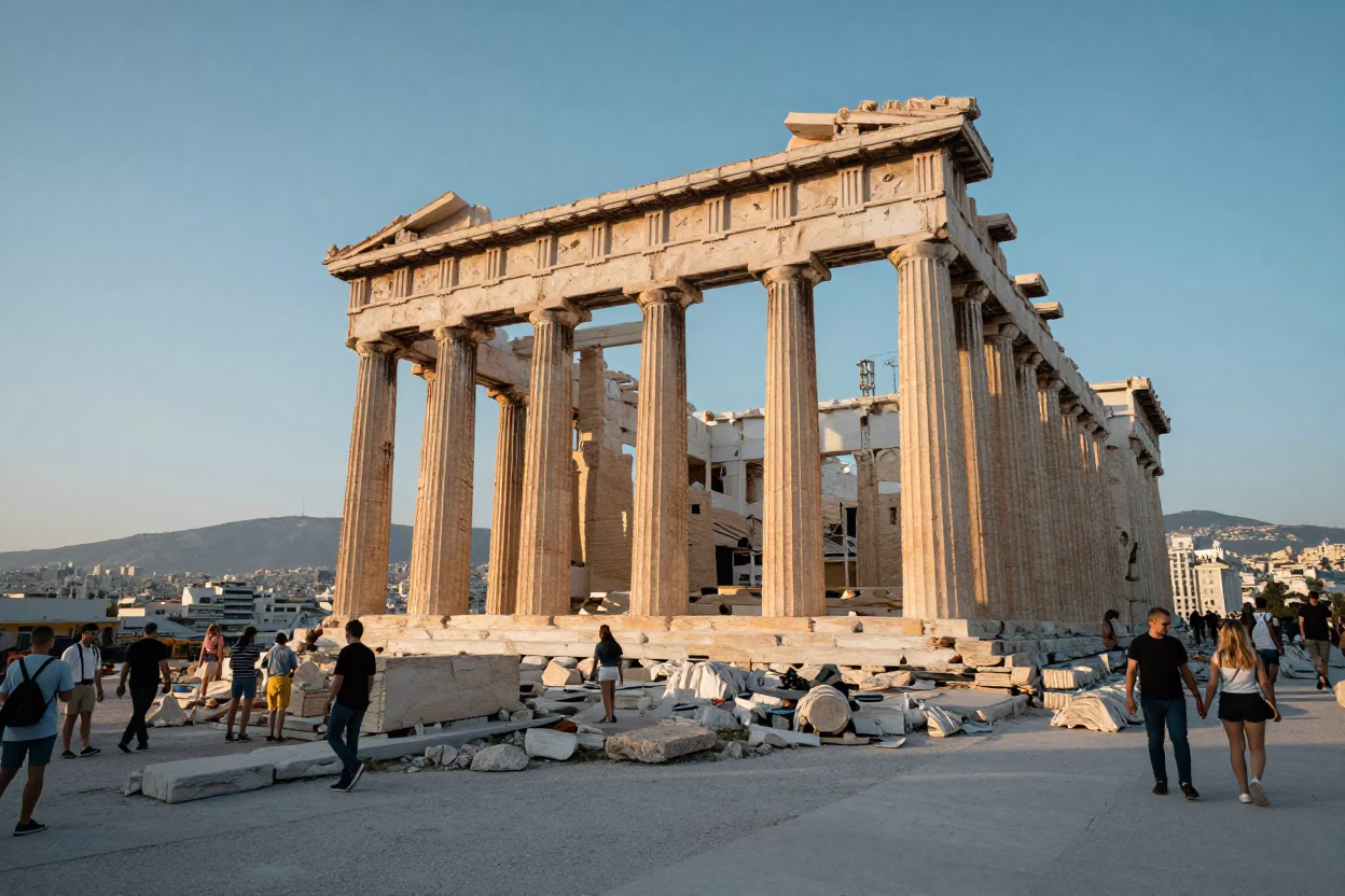 Athens Greece morning light illuminating historic marble columns and busy street life in in Athens, Greece