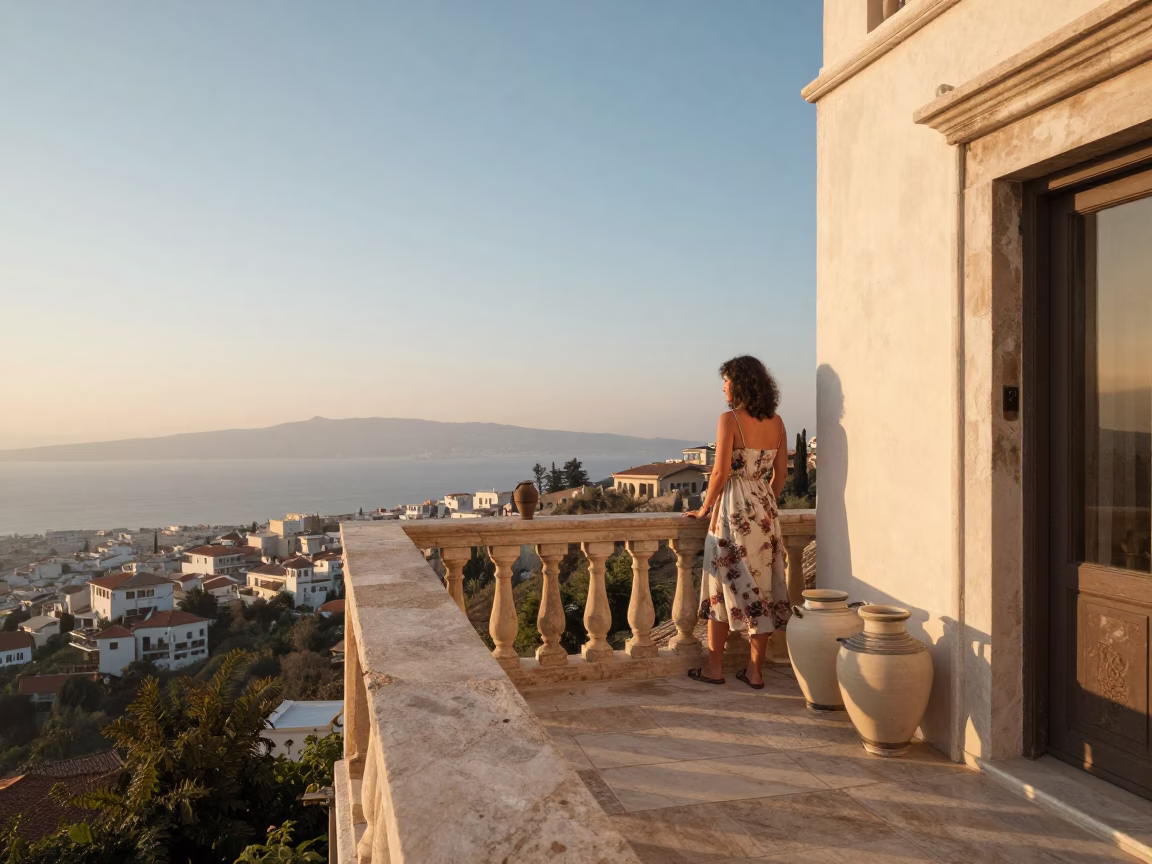 Athens Greece morning light on stone balcony with ceramic jars in in Athens, Greece