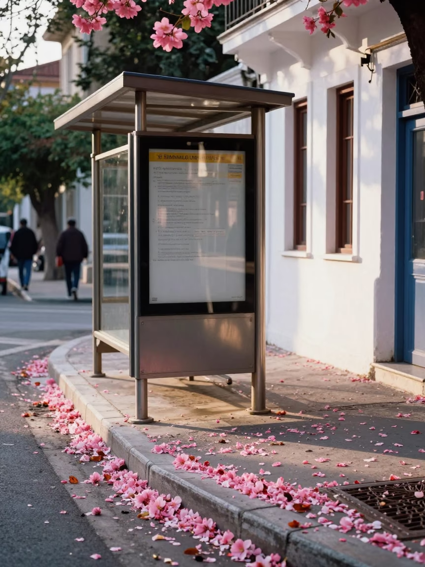 Athens Greece Morning Street Scene with Fallen Petals and Brushed Steel Frames in in Athens, Greece