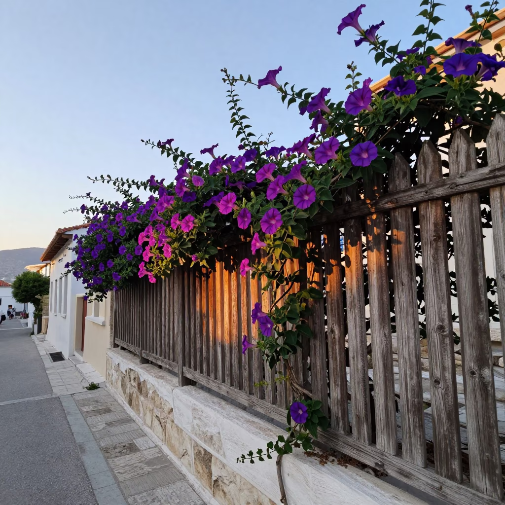 Athens Greece Nautical Dawn Morning Glory Climbing Fence Near Acropolis Ruins in in Athens, Greece