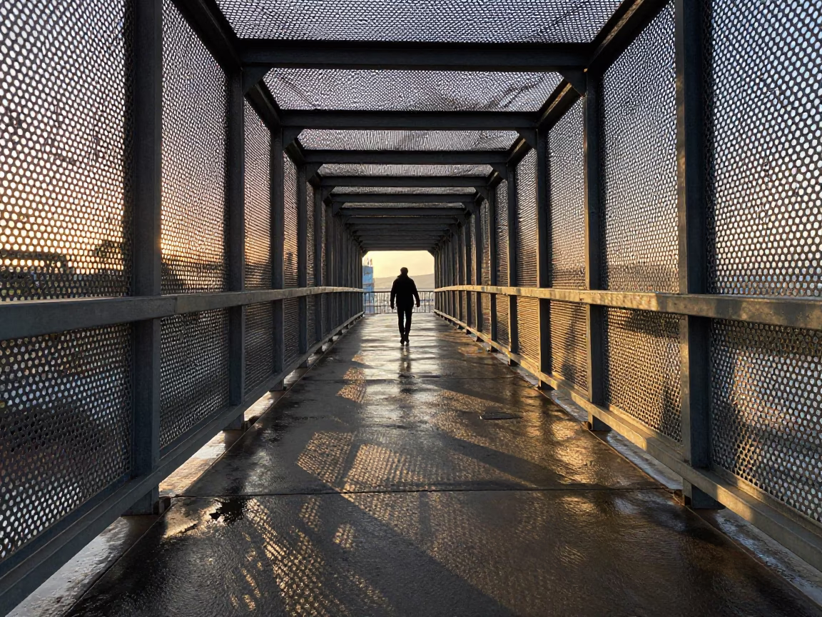 Athens Greece Nautical Dawn Pedestrian Overpass Perforated Metal Wet Footsteps in in Athens, Greece