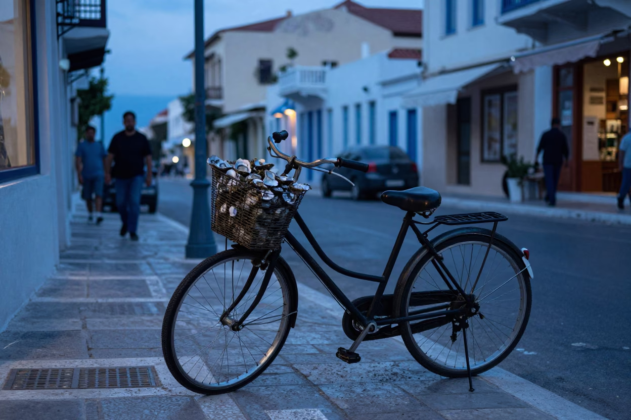 Athens Greece Nautical Dawn Street Scene with Bicycle Basket and Wicker Fibers in in Athens, Greece