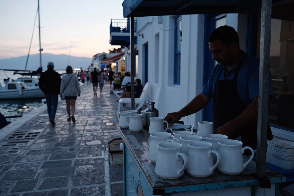 Athens Greece Nautical Dawn Street Scene with Ceramic Mugs and Urban Light in in Athens, Greece