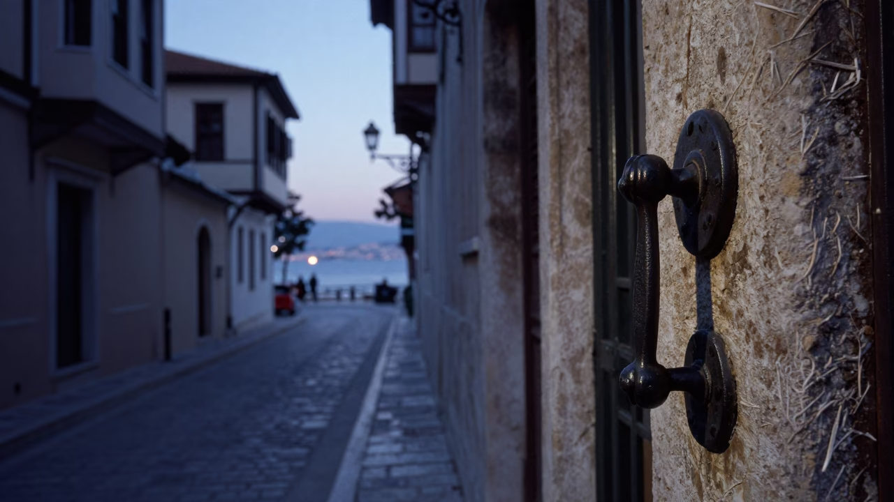 Athens Greece Nautical Dawn Street Scene with Gate Handle and Stone Architecture in in Athens, Greece