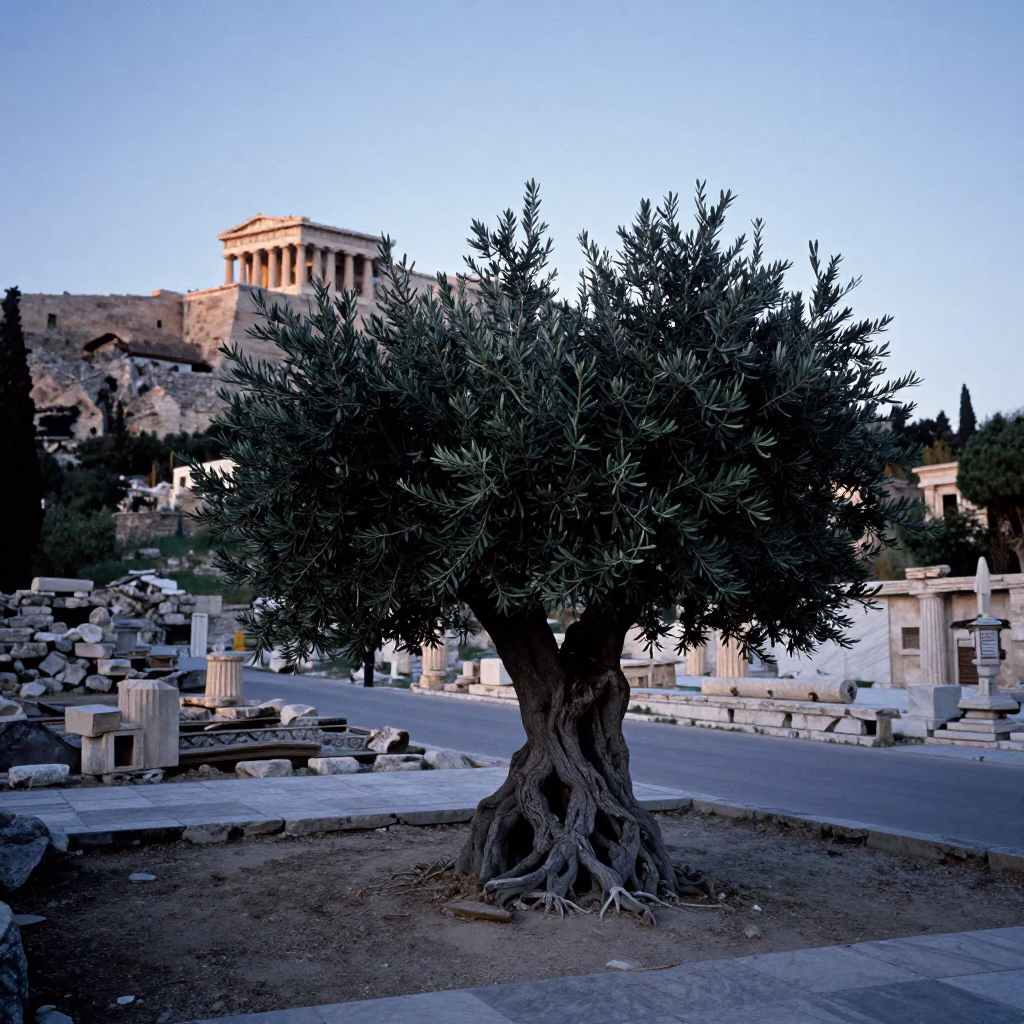 Athens Greece Nautical Dawn Street Scene with Olive Tree and Local Morning Activity in in Athens, Greece