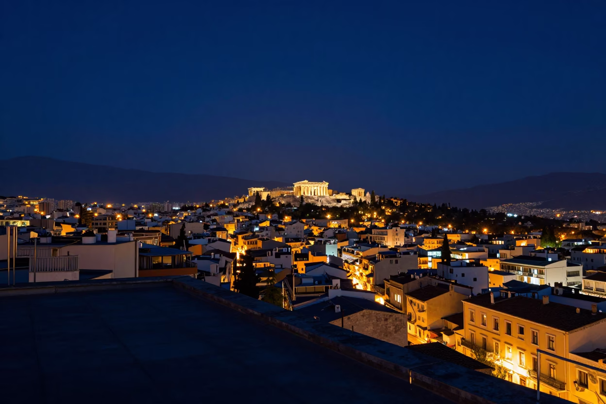 Athens Greece Night Sky View from Rooftop Terrace with Miniature Schnauzer in in Athens, Greece