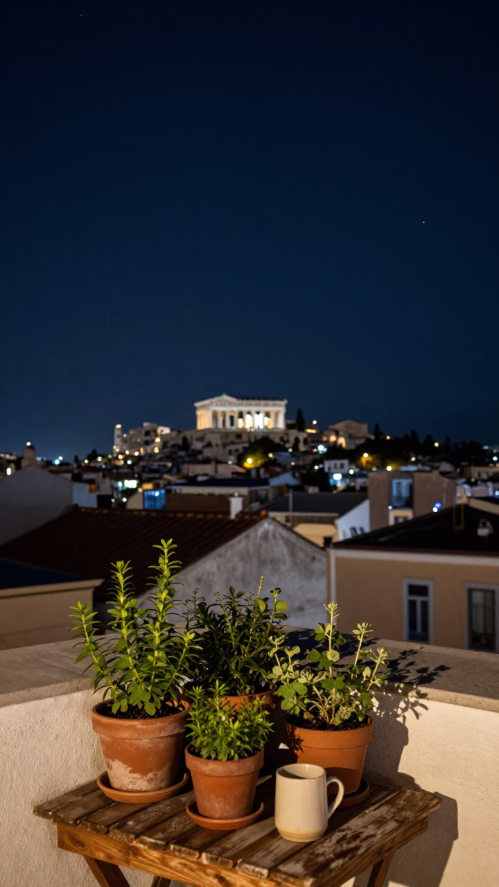 Athens Greece Night Sky View from Rooftop with Potted Herbs and City Lights in in Athens, Greece