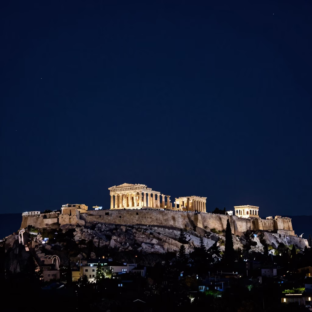 Athens Greece Night Sky View of Ancient Acropolis Ruins and City Lights in in Athens, Greece