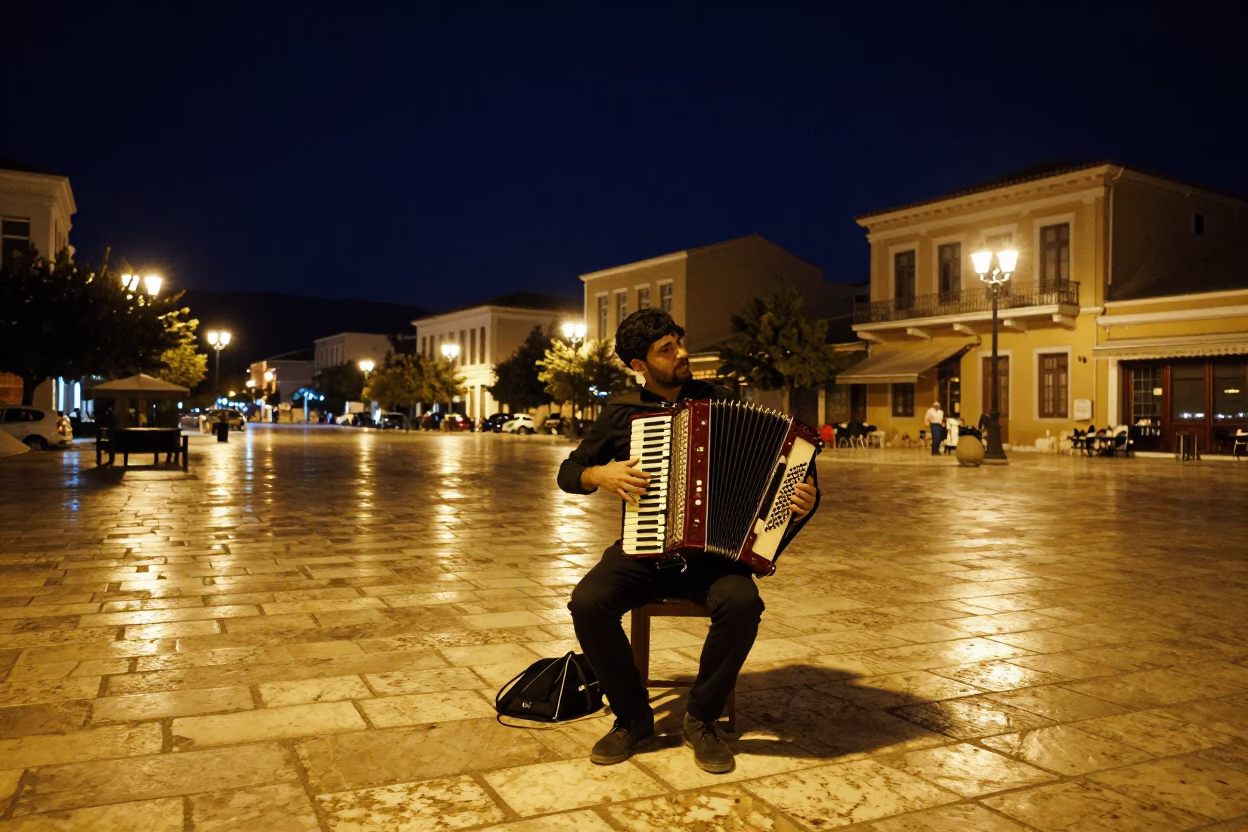 Athens Greece Night Street Scene with Accordion Player Under Starry Sky in in Athens, Greece