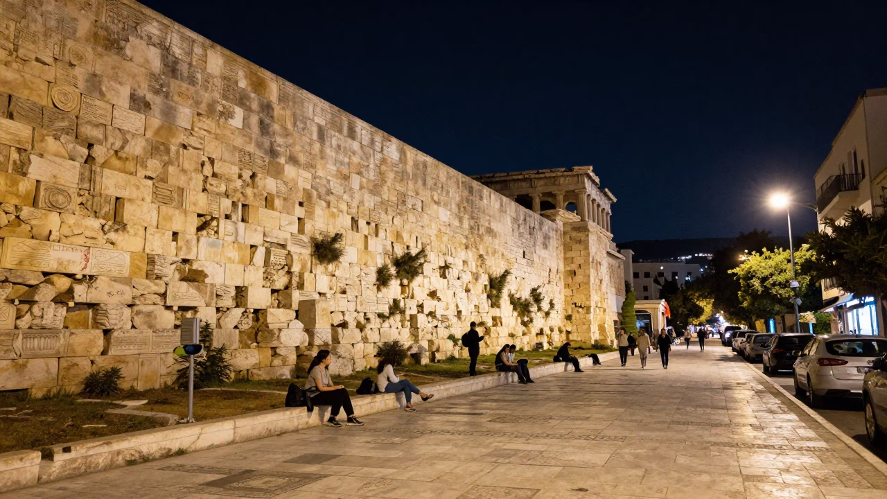 Athens Greece Night Street Scene with Ancient Stone and Modern Life in in Athens, Greece