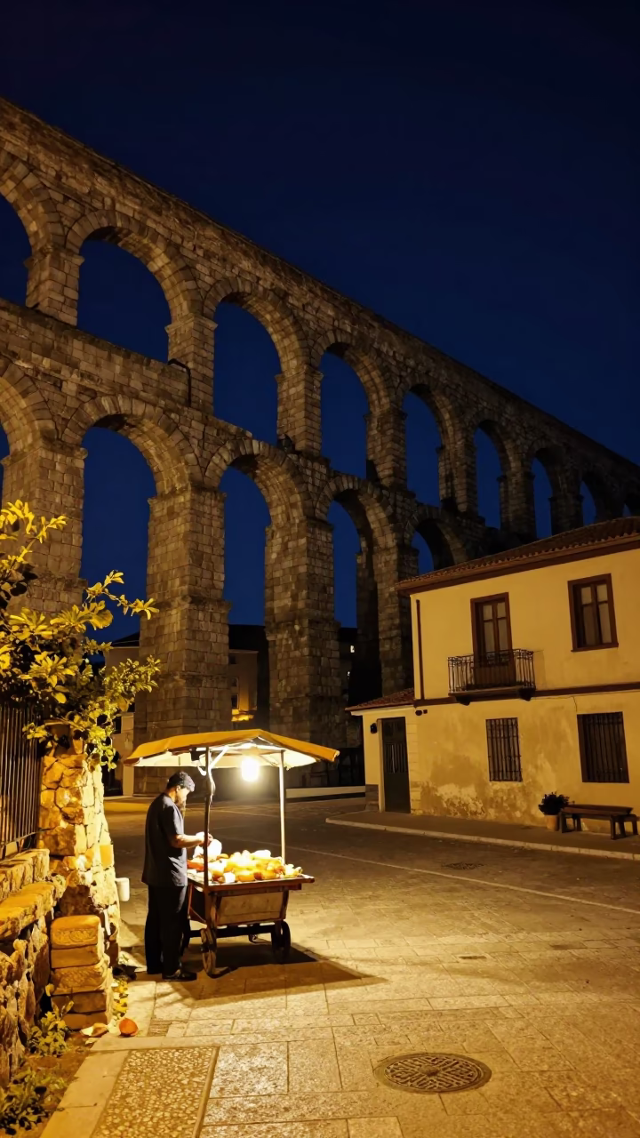 Athens Greece Night Street Scene with Roman Aqueduct and Traditional Fatteh Bowl in in Athens, Greece