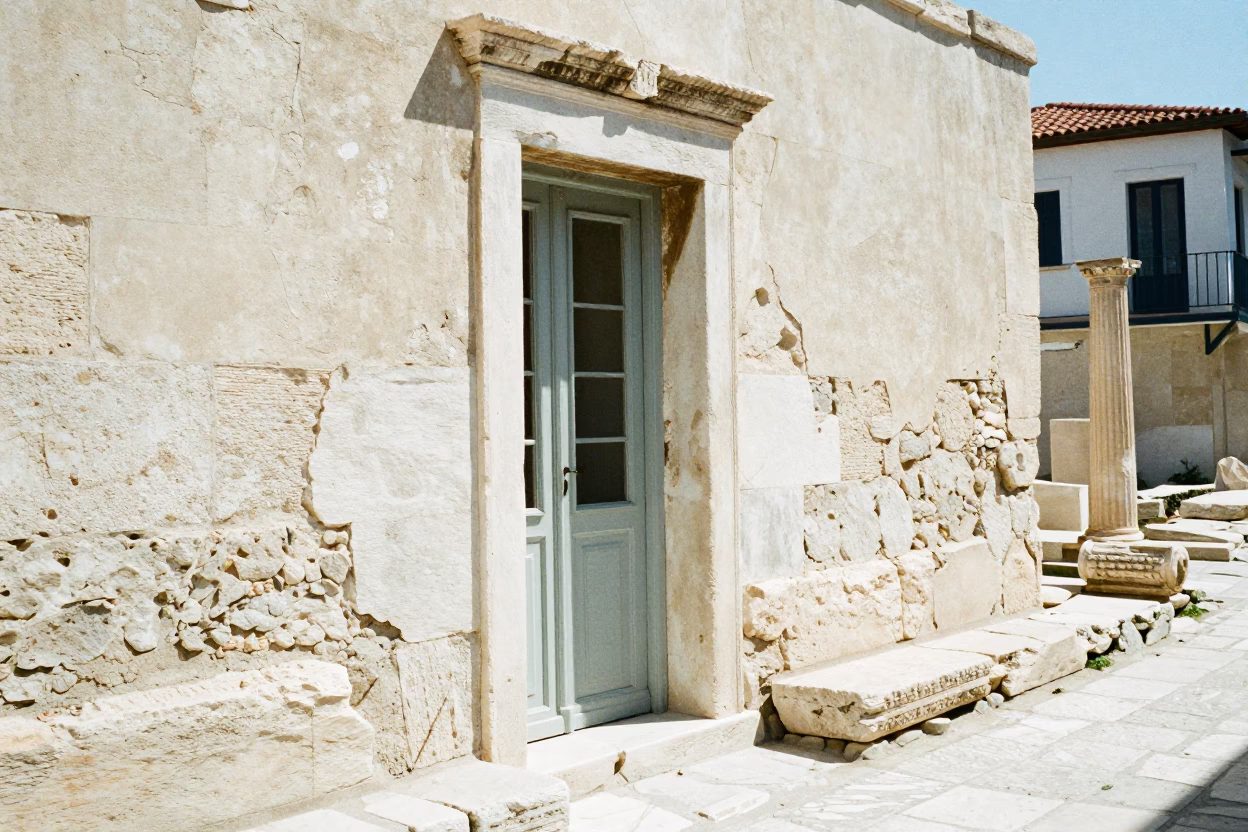 Athens Greece noon light ancient marble ruins street scene with vintage details in in Athens, Greece