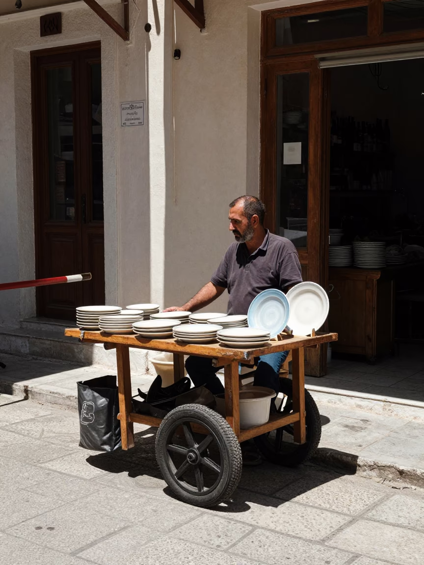 Athens Greece noon street scene with ceramic plate and brushed steel basin in in Athens, Greece