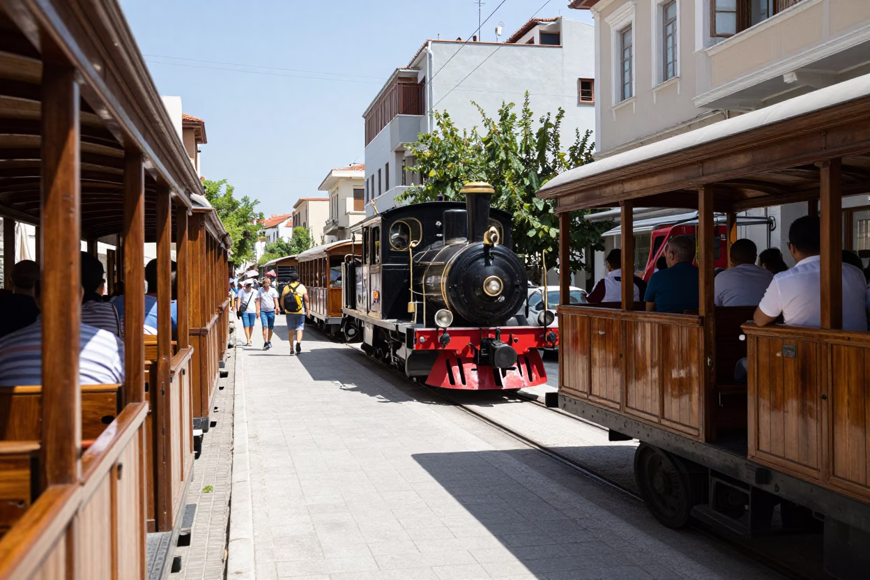 Athens Greece noon sunlight narrow gauge train open air carriages Plaka street scene in in Athens, Greece
