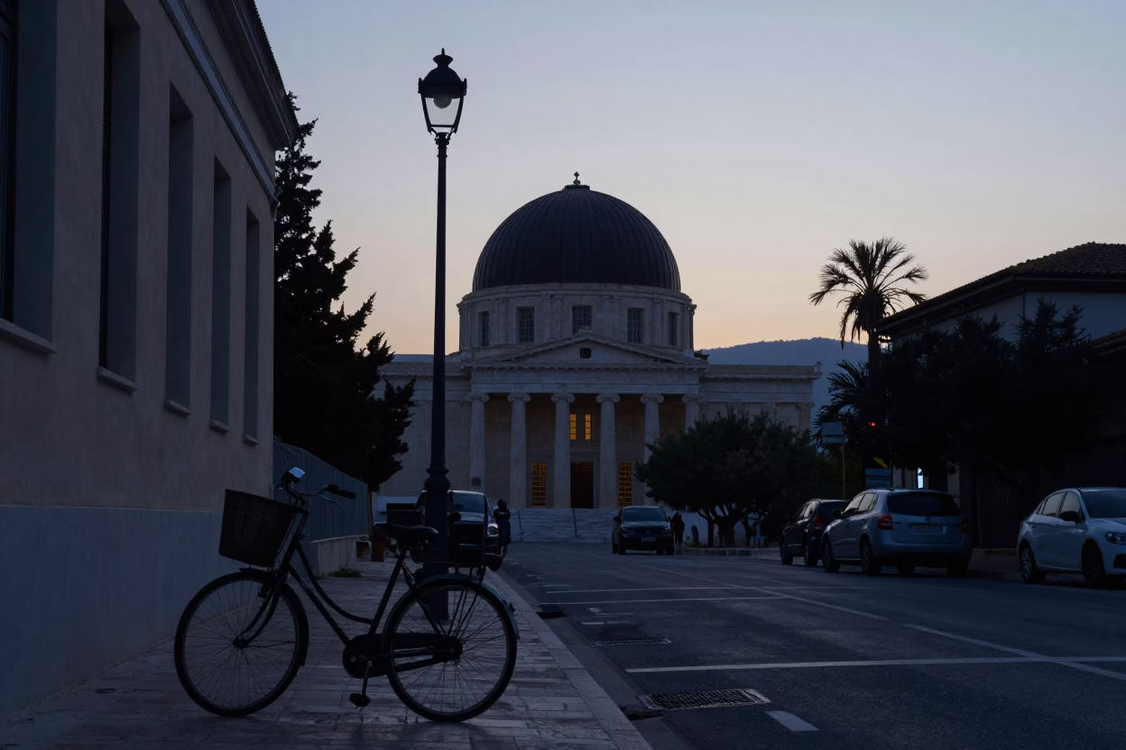Athens Greece Pre-Dawn Street Scene with Bicycle Basket and Observatory Silhouette in in Athens, Greece