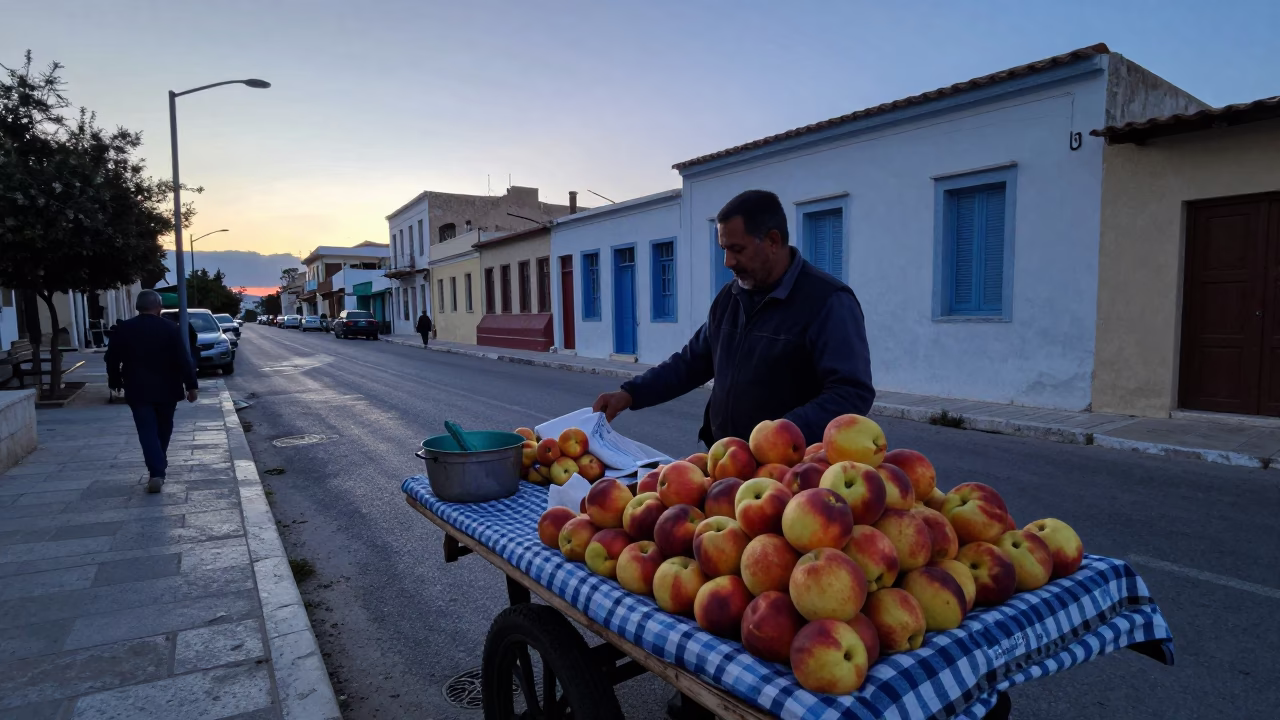 Athens Greece Pre-Dawn Street Scene with Local Vendor and Nectarines in in Athens, Greece