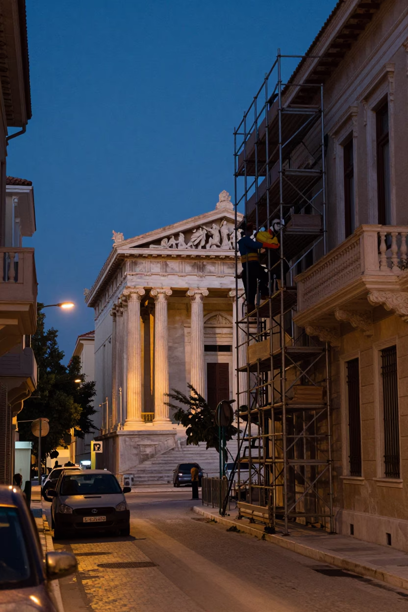 Athens Greece pre-dawn street scene with scaffolding workers and neoclassical architecture in in Athens, Greece