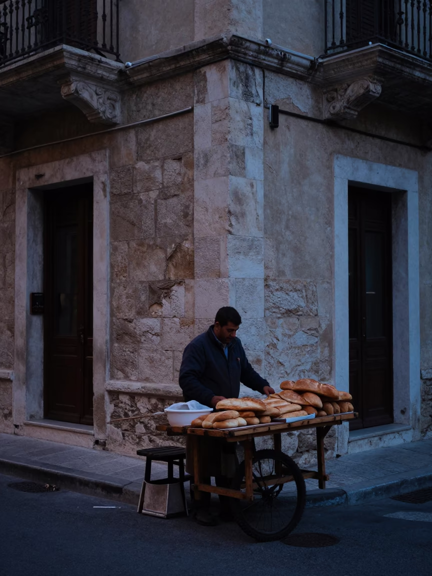 Athens Greece Predawn Street Scene with Local Vendor and Vintage Details in in Athens, Greece